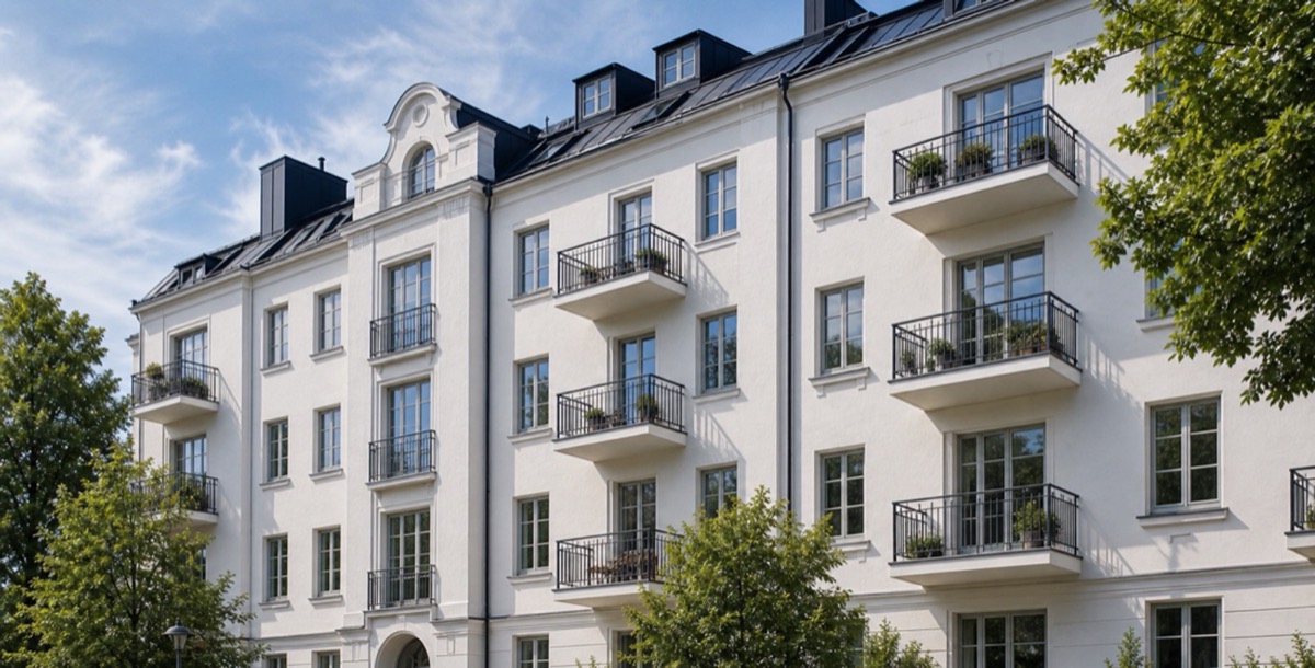 Renoverad vit putsfasad på flerbostadshus i Stockholm